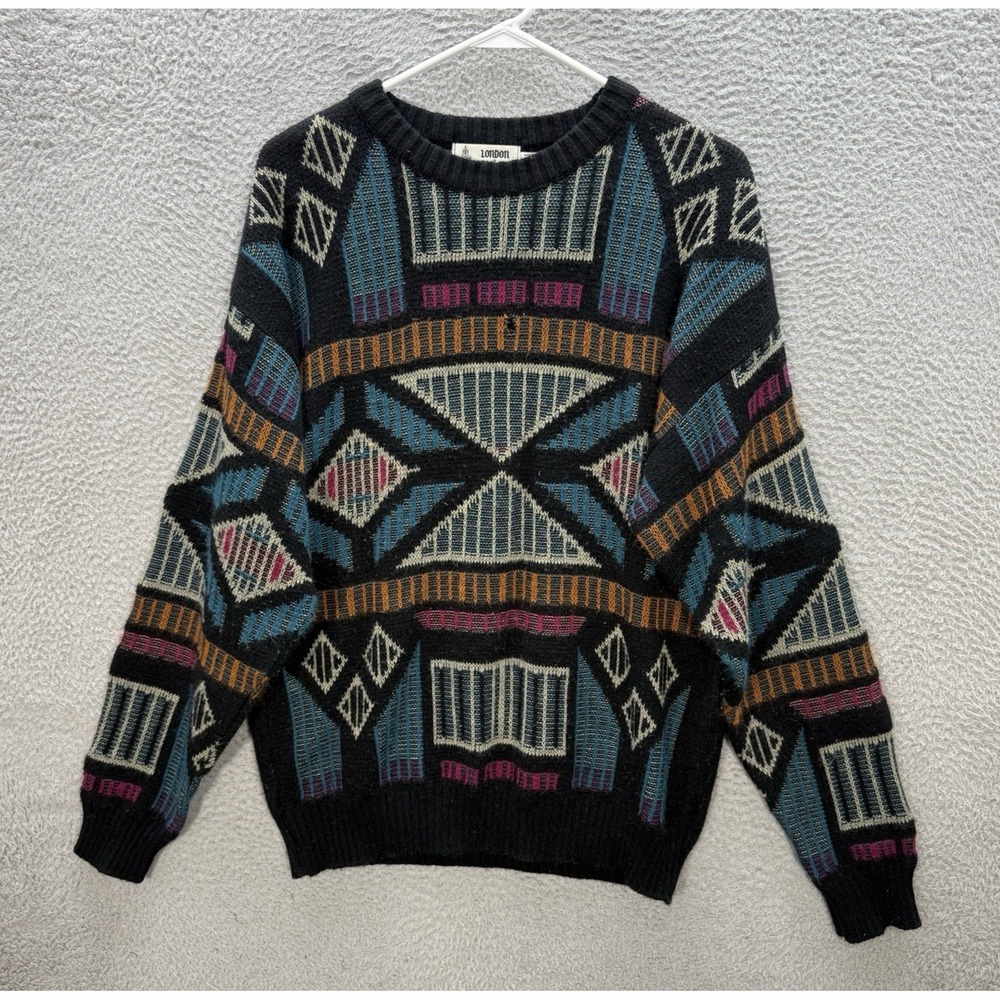 Vintage London Fog Sweater Adult Large Multicolor Geometric Knit Crewneck READ